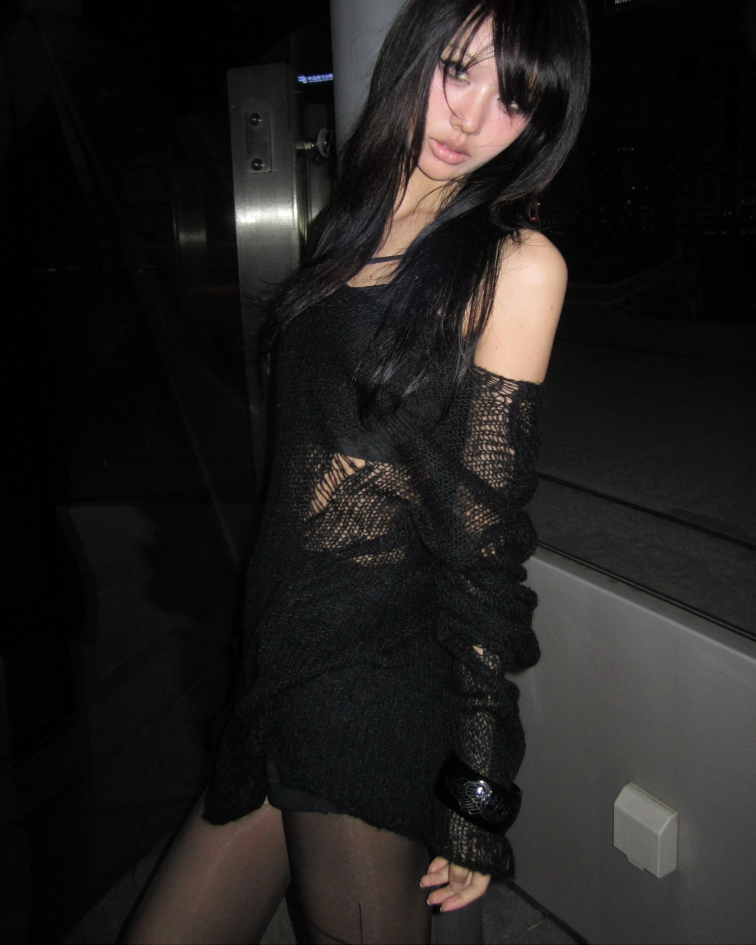 Hollow Knit Grunge Off-Shoulder Sweater