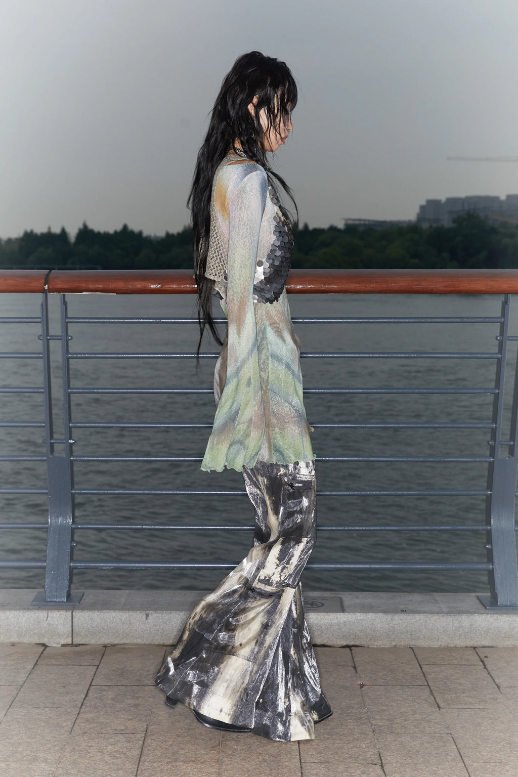 Long Mesh Grunge Top - Tie-Dye Flare Sleeve