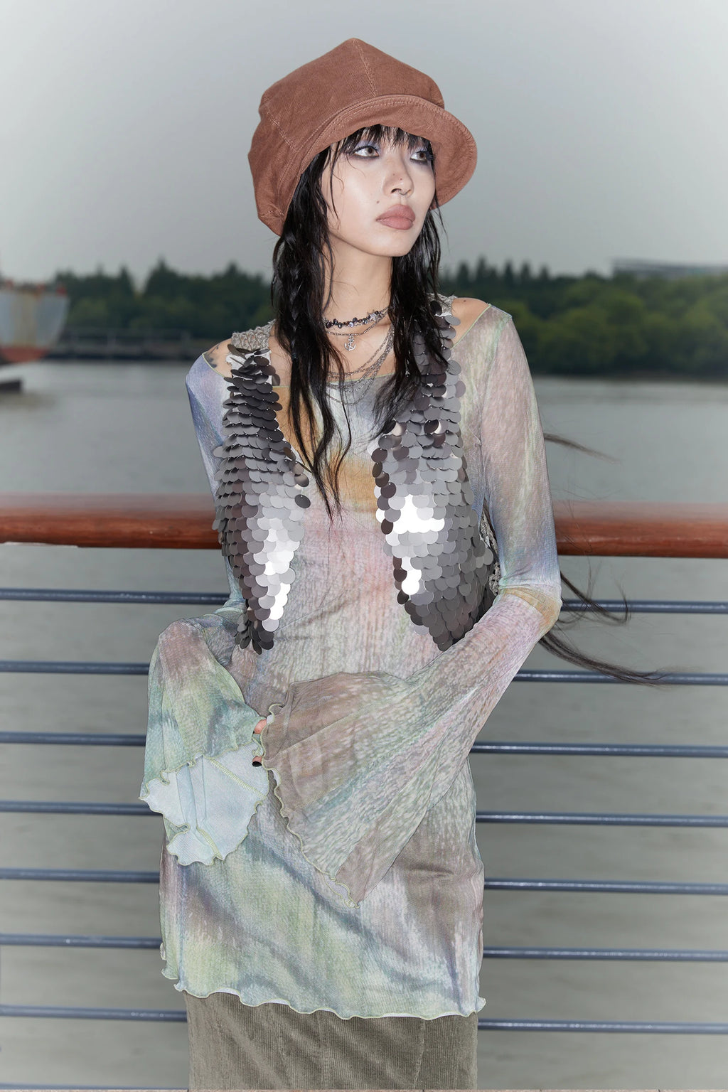 Long Mesh Grunge Top - Tie-Dye Flare Sleeve