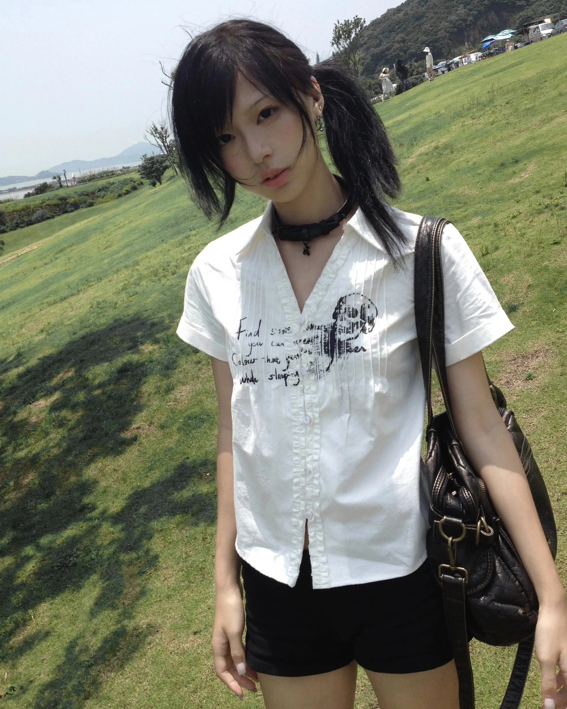 Y2K Skull Print V-Neck Shirt