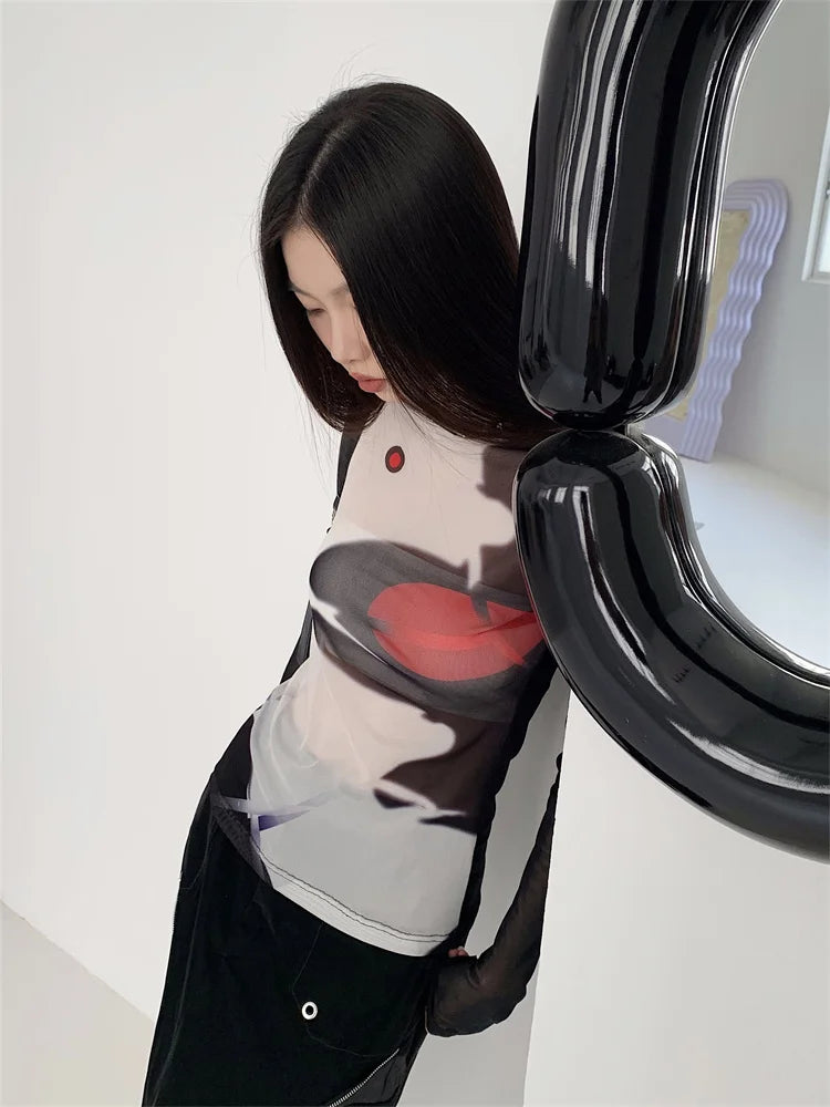 Cyber Mesh Y2K Long Sleeve Top