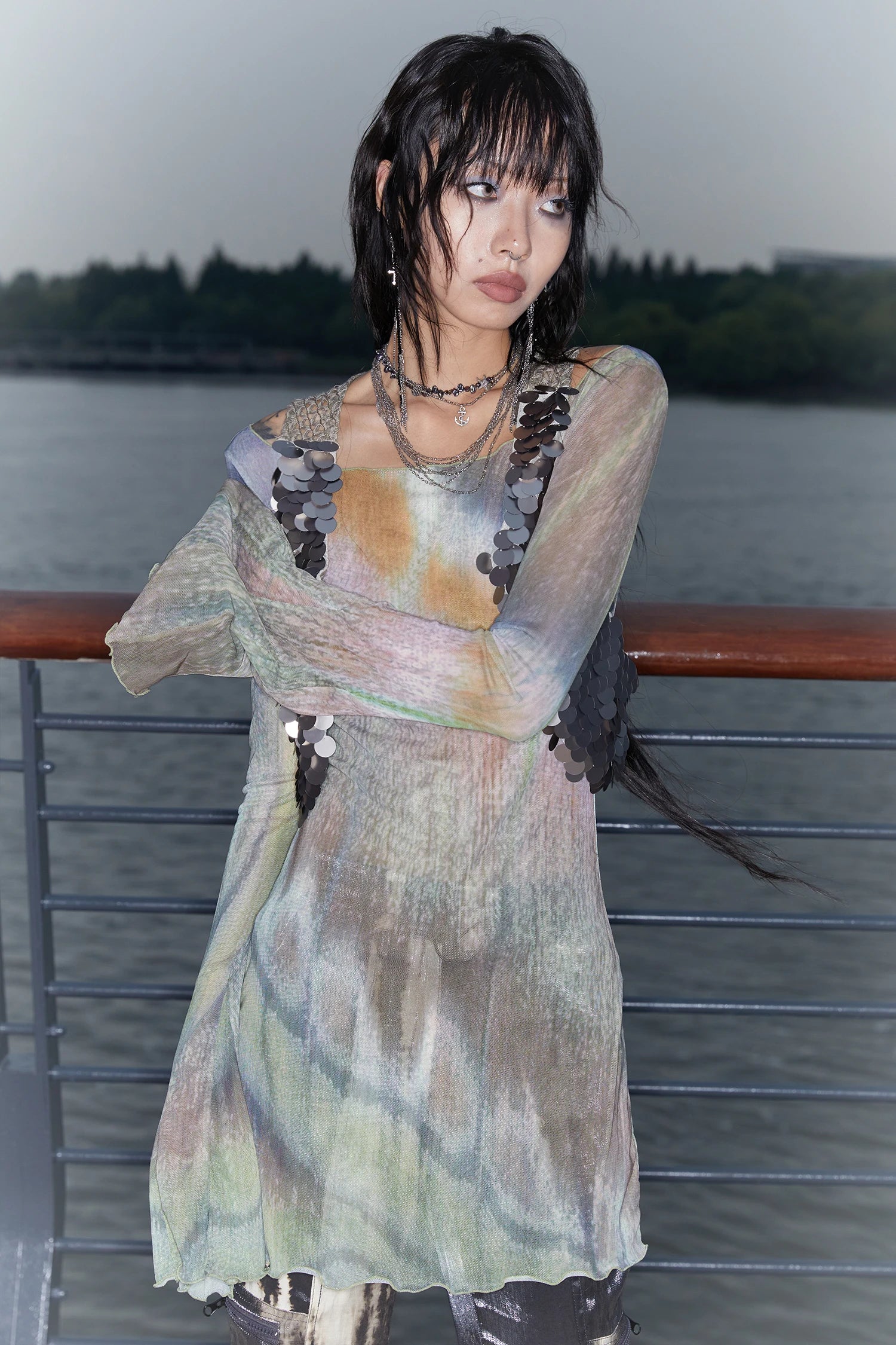 Long Mesh Grunge Top - Tie-Dye Flare Sleeve