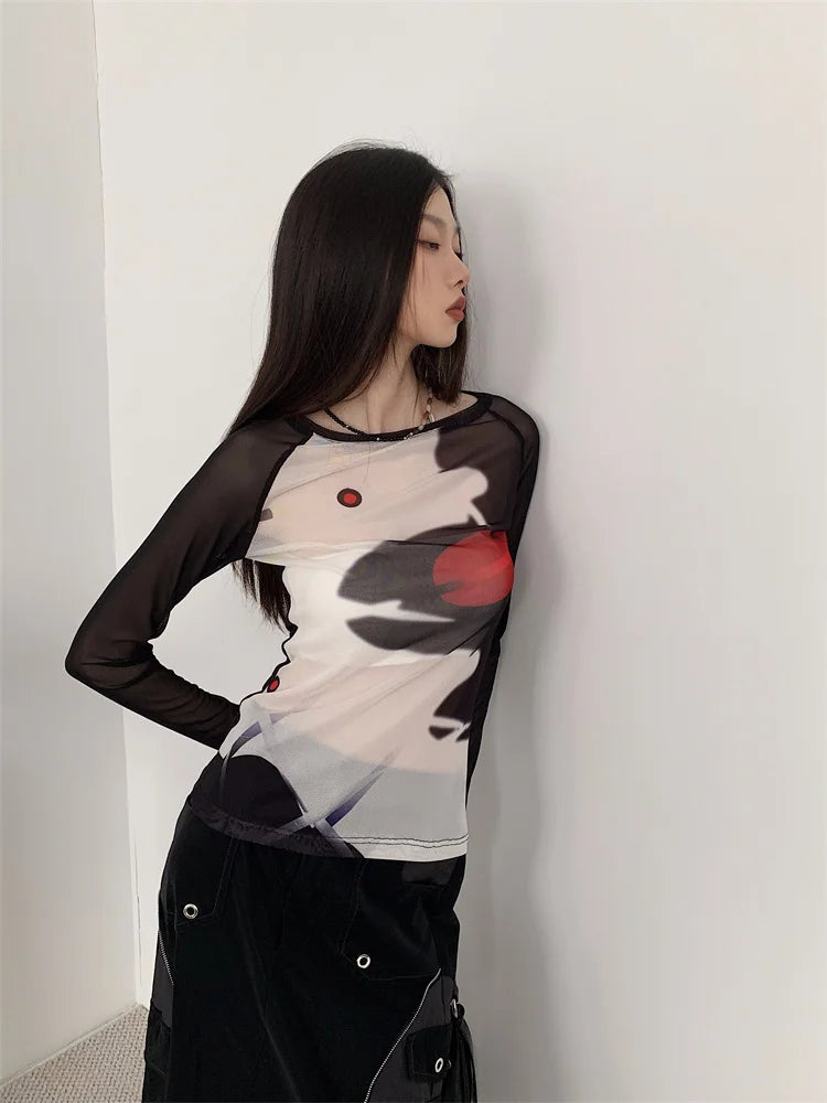 Cyber Mesh Y2K Long Sleeve Top