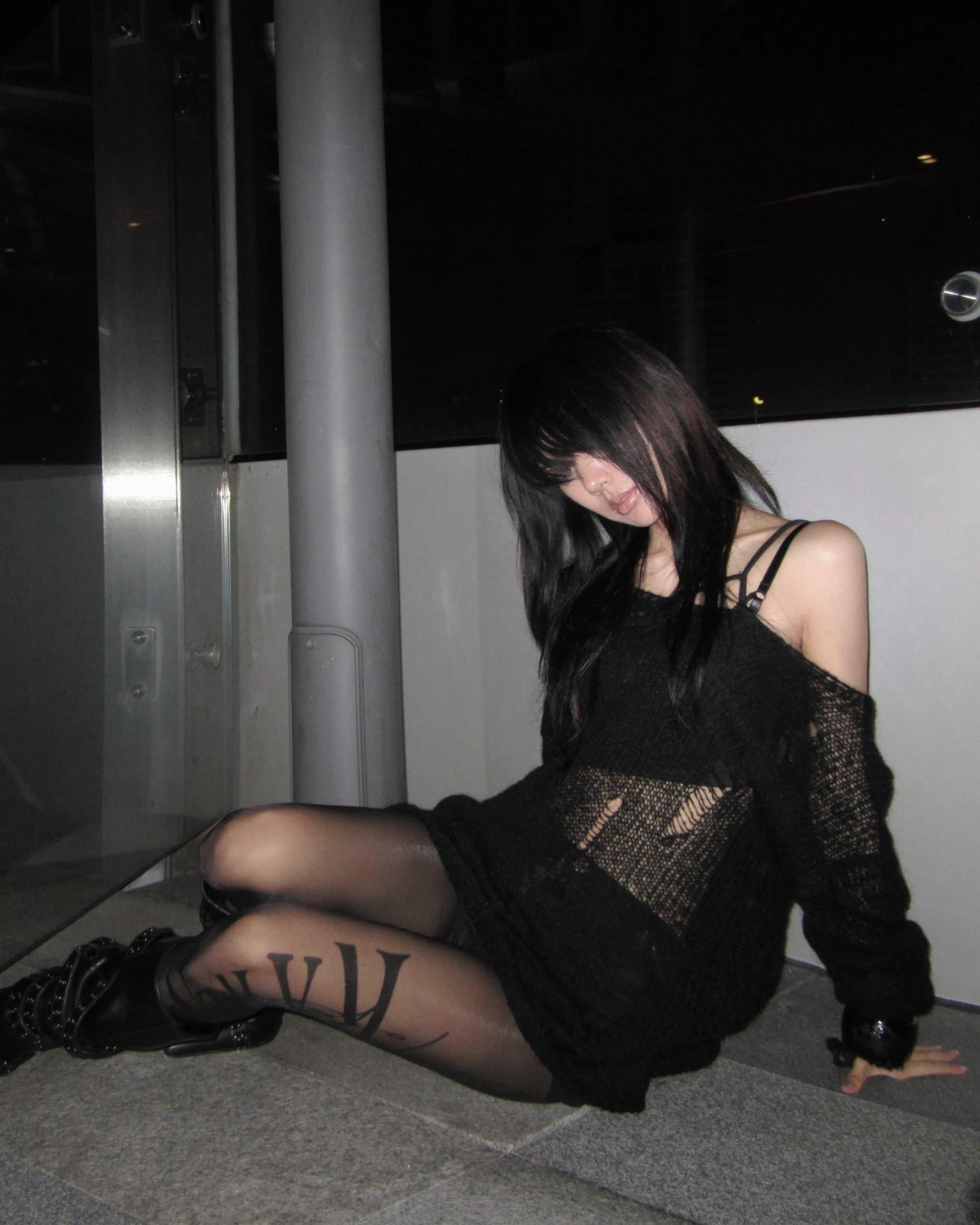 Hollow Knit Grunge Off-Shoulder Sweater