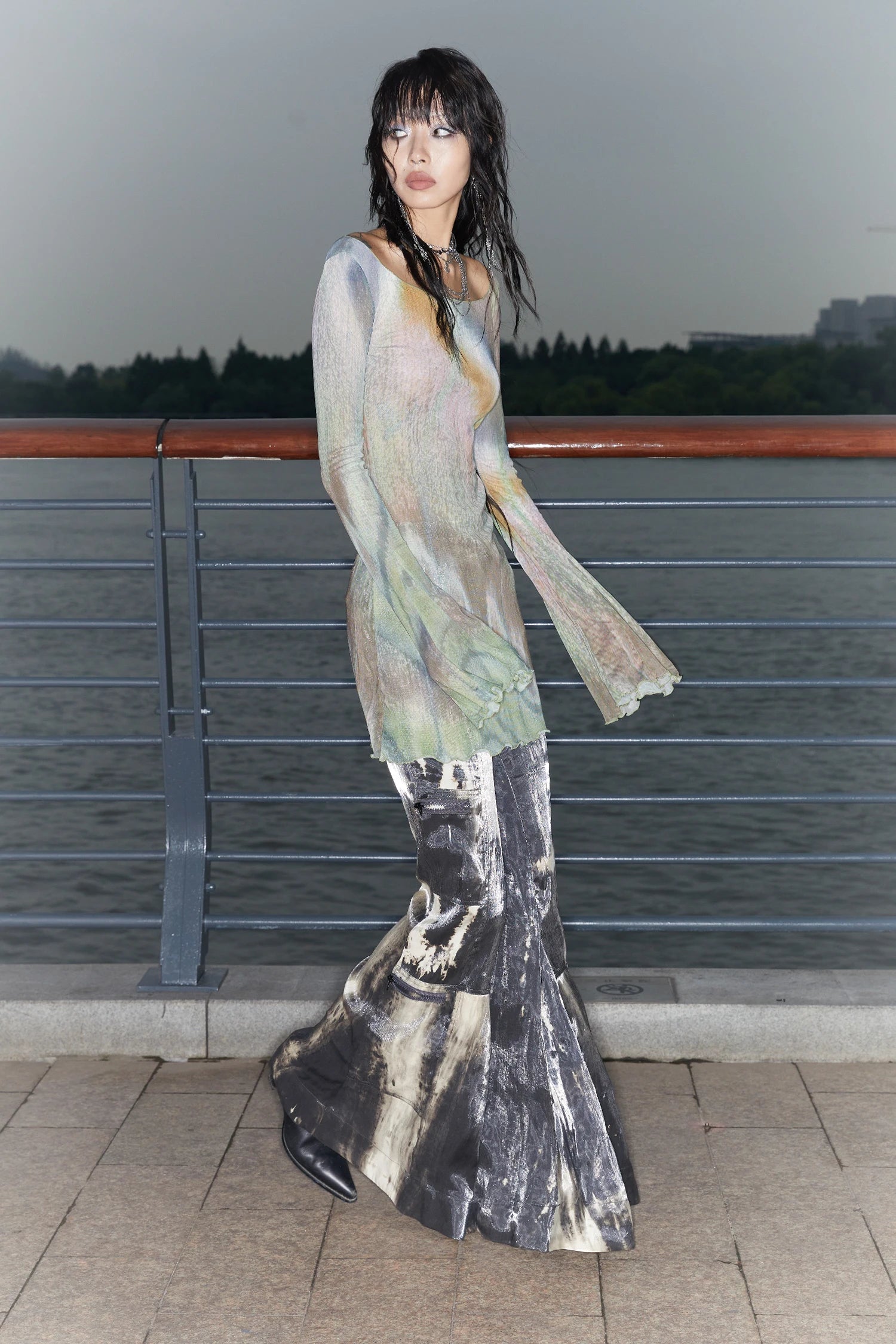 Long Mesh Grunge Top - Tie-Dye Flare Sleeve