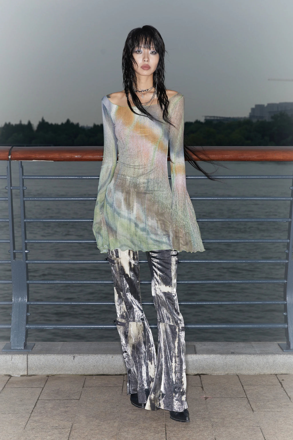 Long Mesh Grunge Top - Tie-Dye Flare Sleeve