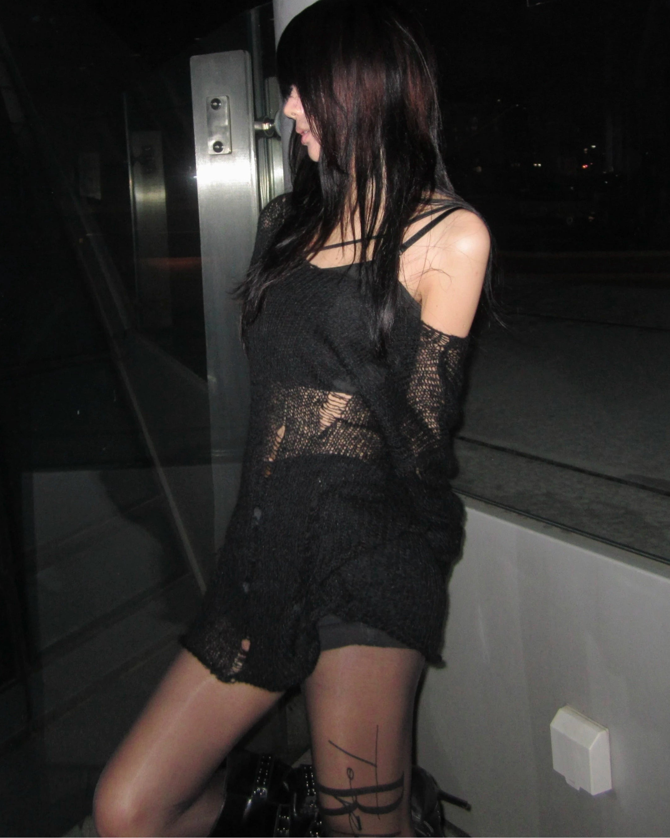 Hollow Knit Grunge Off-Shoulder Sweater