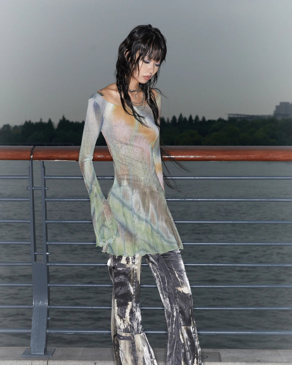 Long Mesh Grunge Top - Tie-Dye Flare Sleeve