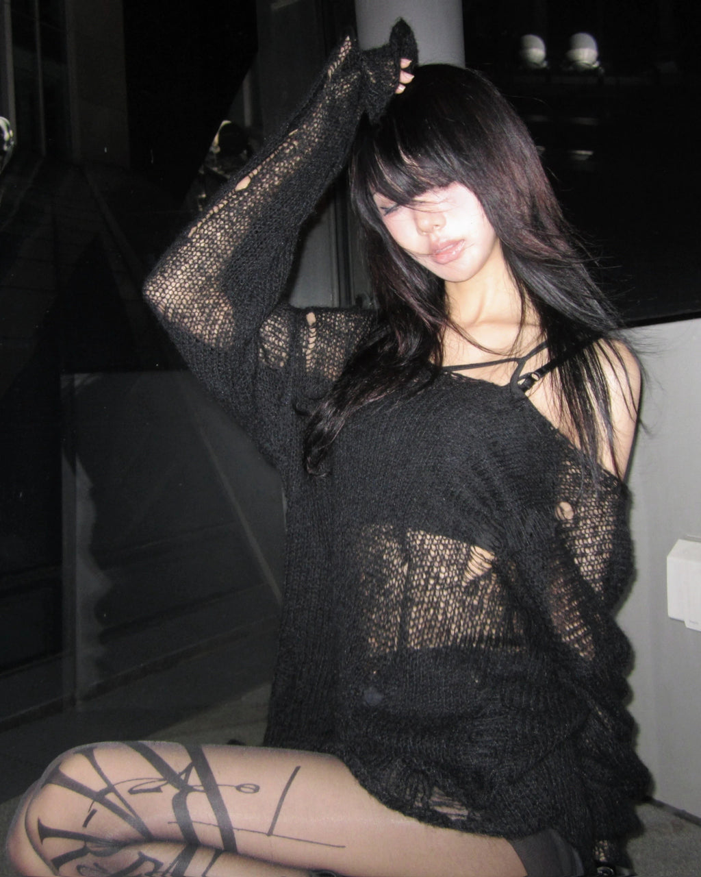 Hollow Knit Grunge Off-Shoulder Sweater