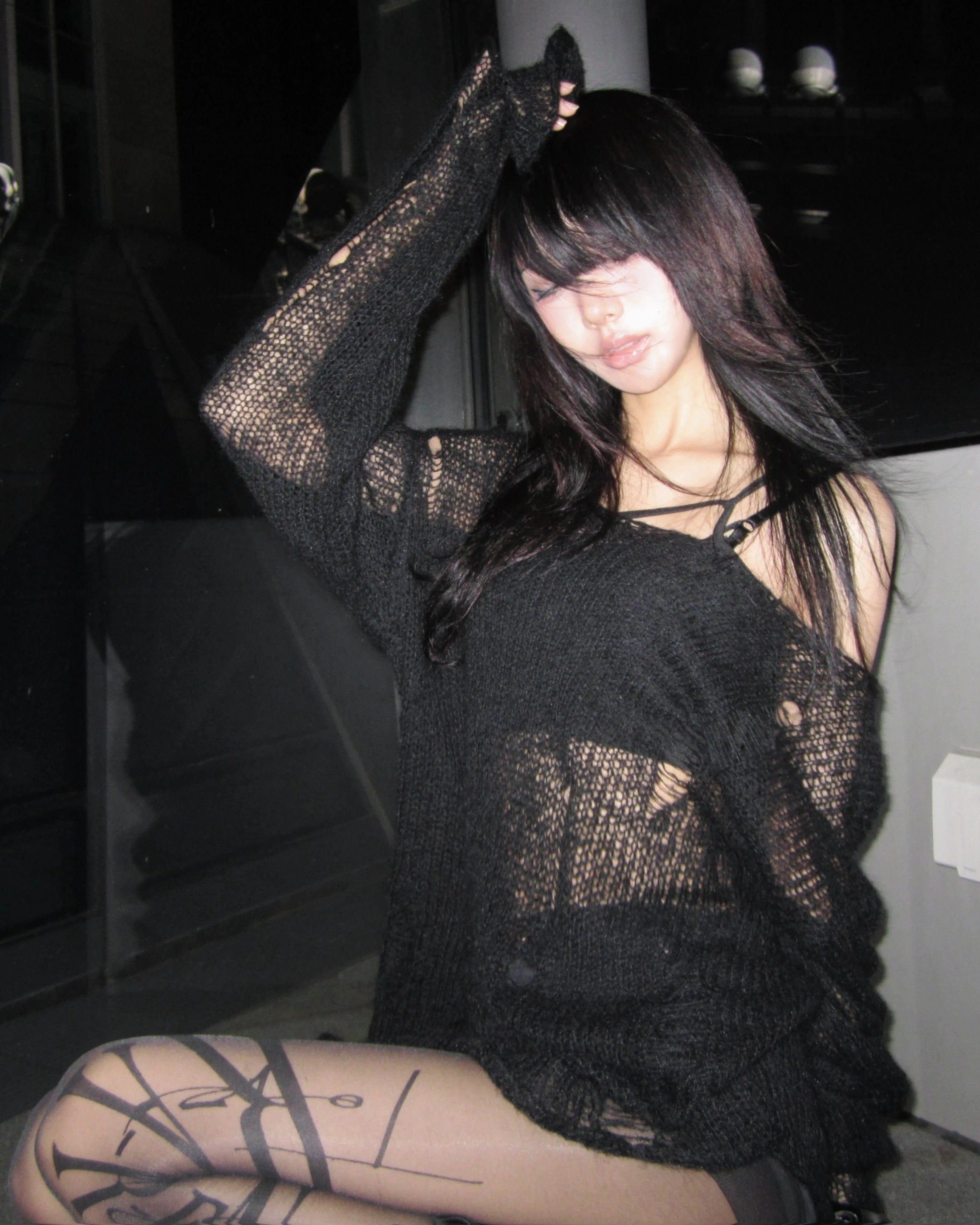 Hollow Knit Grunge Off-Shoulder Sweater