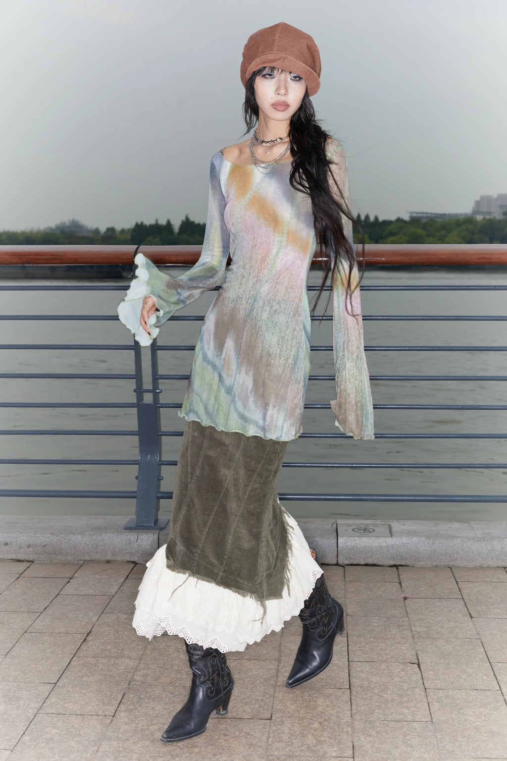 Long Mesh Grunge Top - Tie-Dye Flare Sleeve