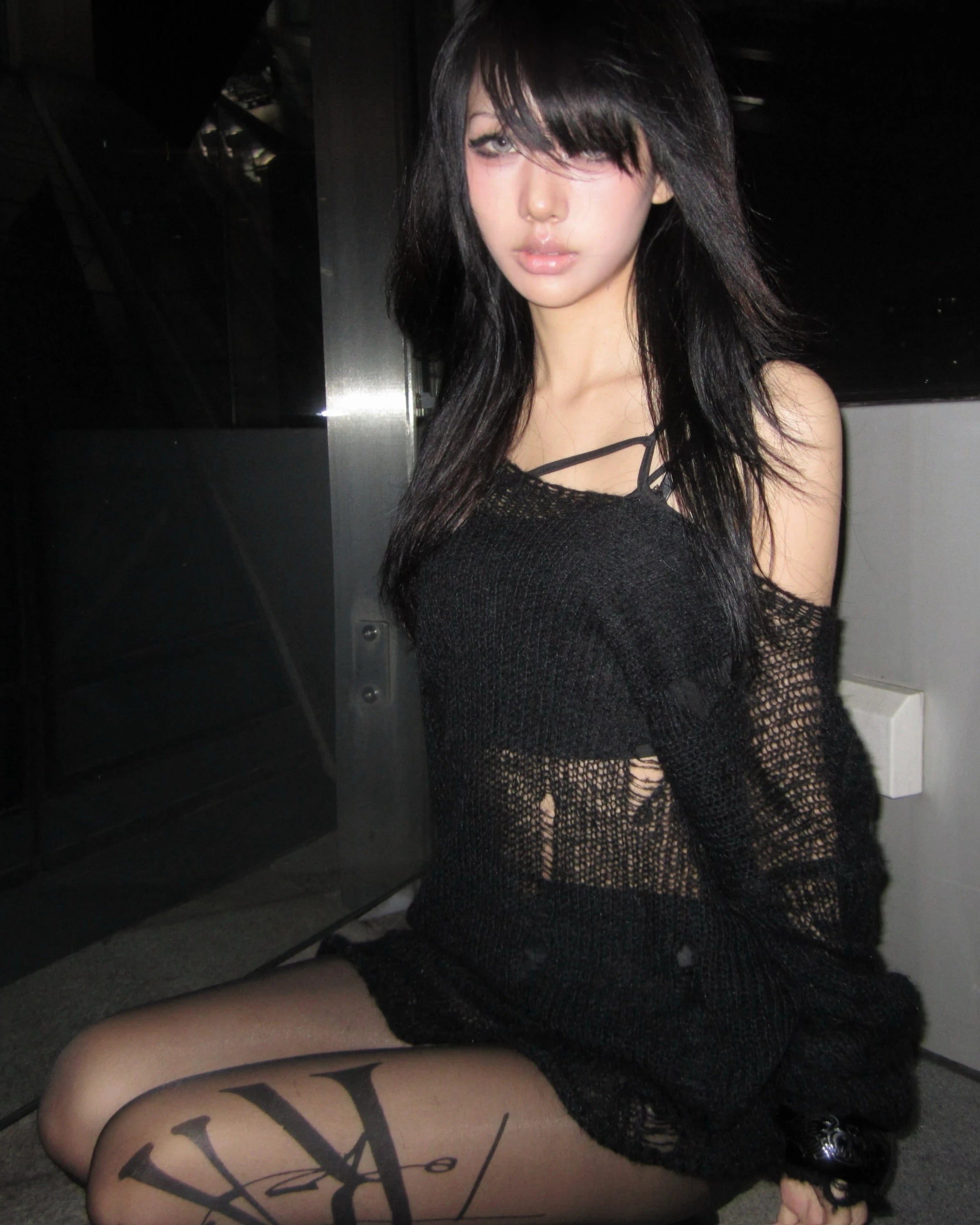 Hollow Knit Grunge Off-Shoulder Sweater