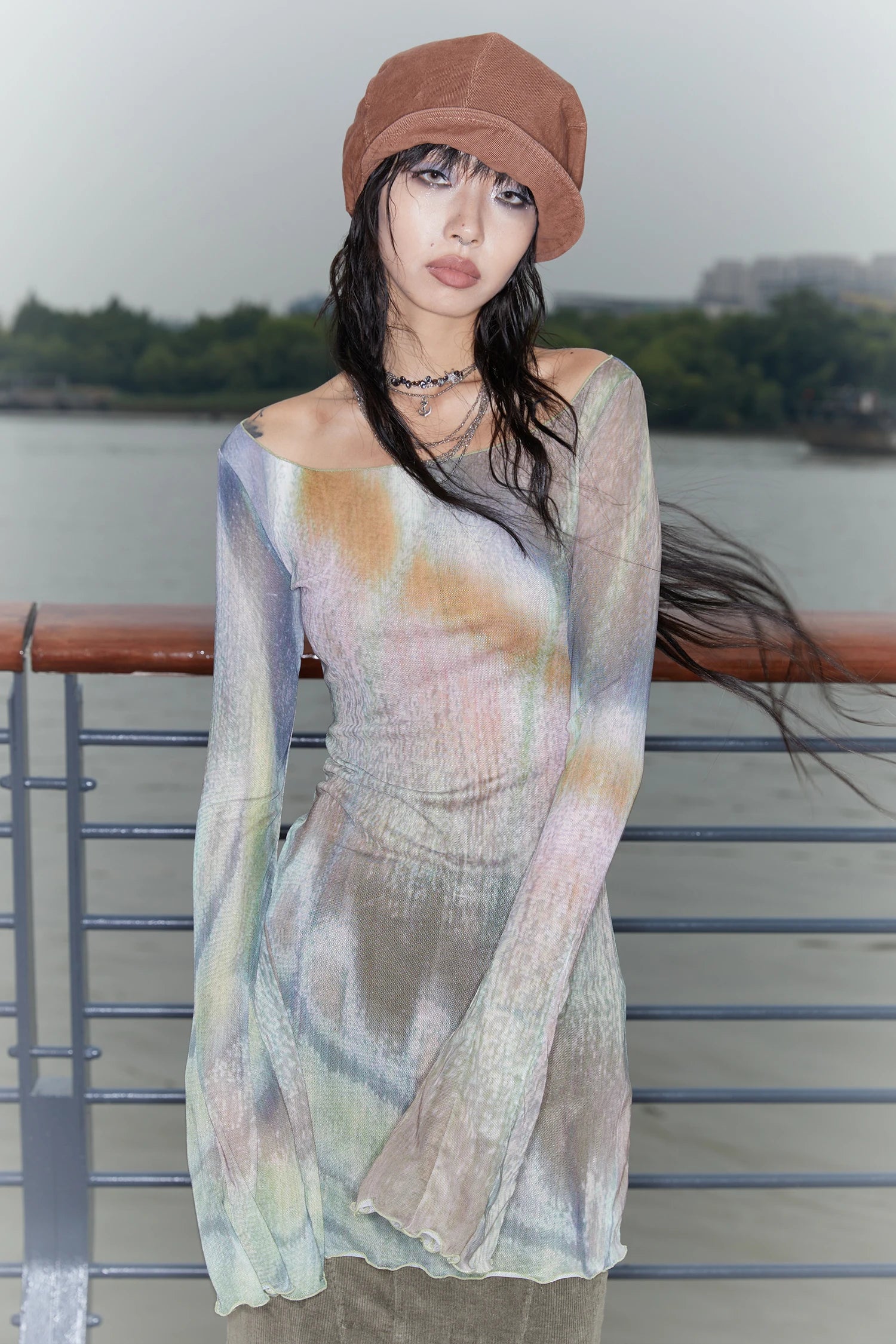 Long Mesh Grunge Top - Tie-Dye Flare Sleeve