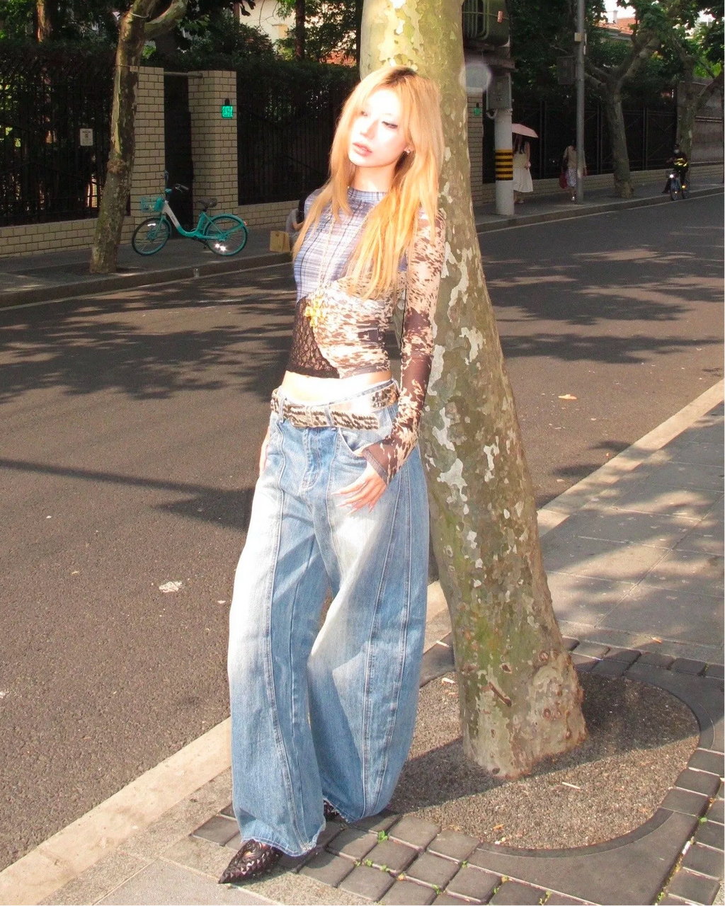 Y2K Patchwork Lace Mesh Long Sleeve Top