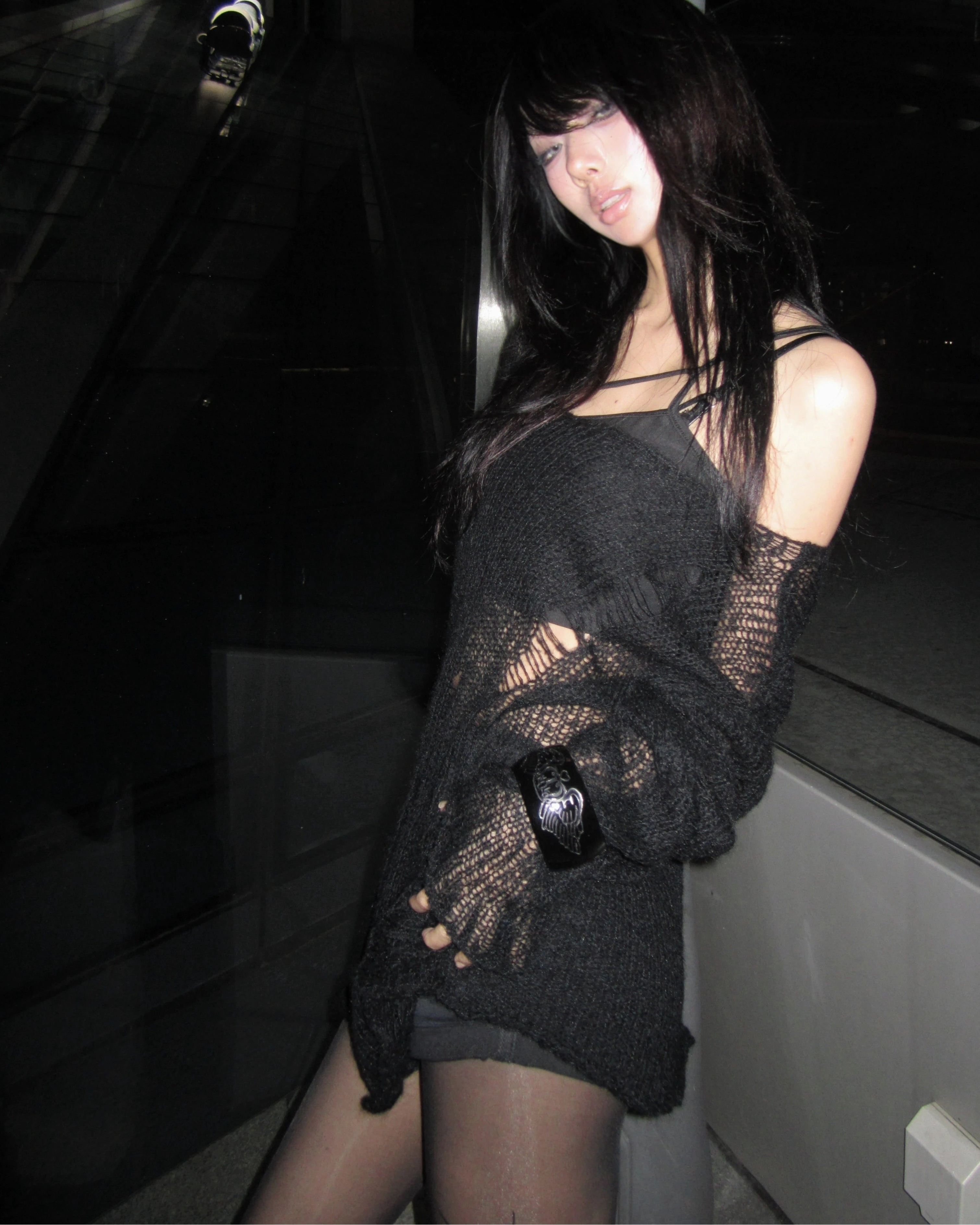 Hollow Knit Grunge Off-Shoulder Sweater