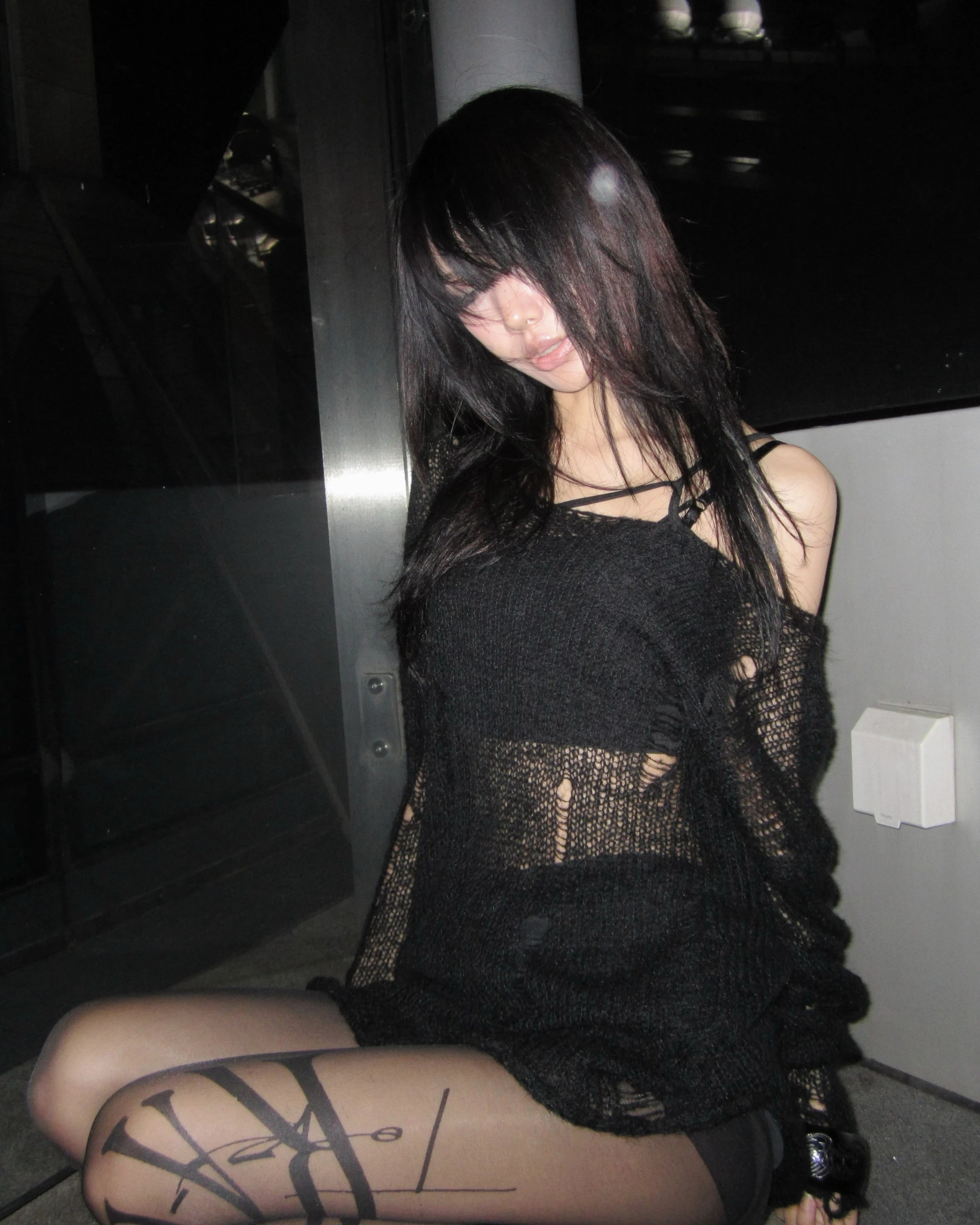 Hollow Knit Grunge Off-Shoulder Sweater