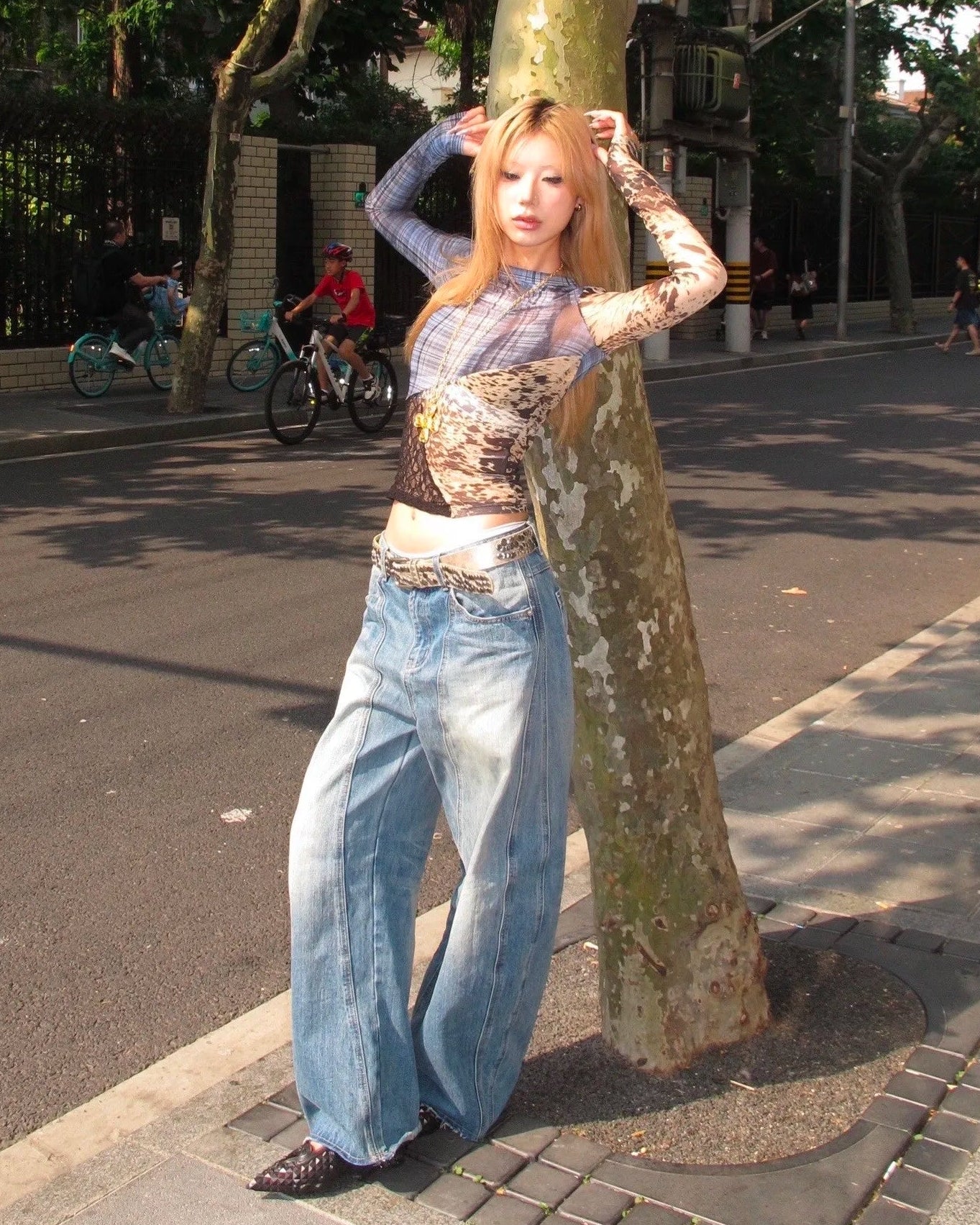 Y2K Patchwork Lace Mesh Long Sleeve Top