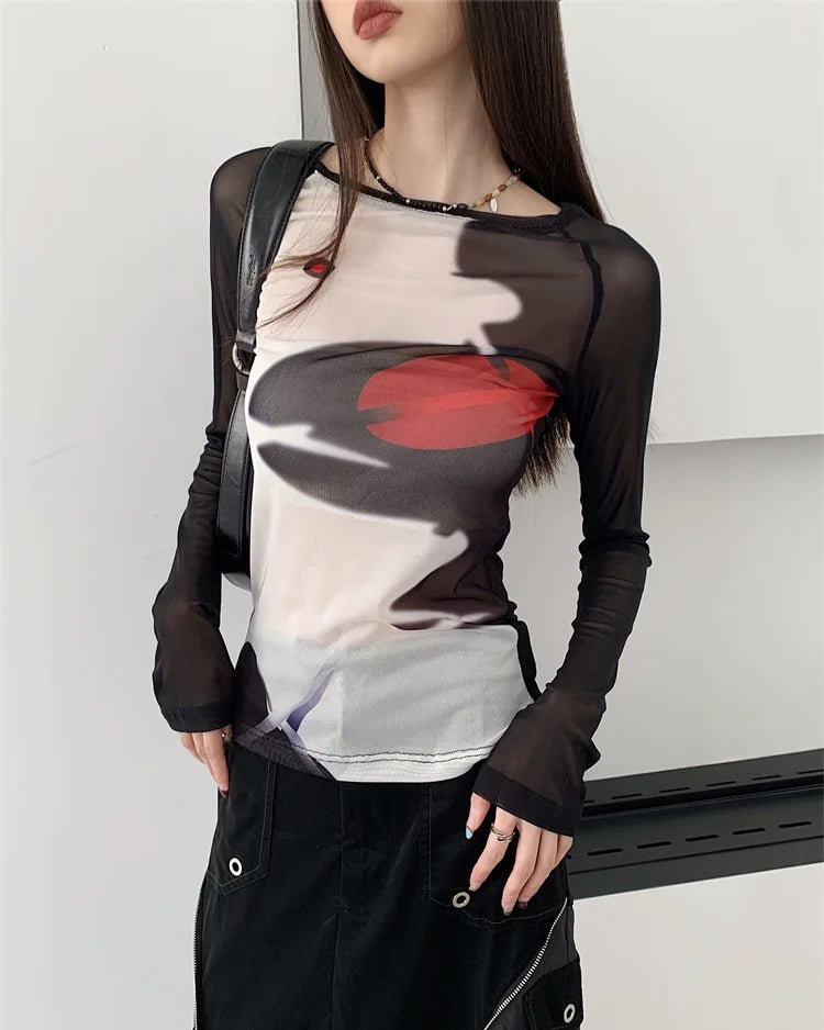 Cyber Mesh Y2K Long Sleeve Top