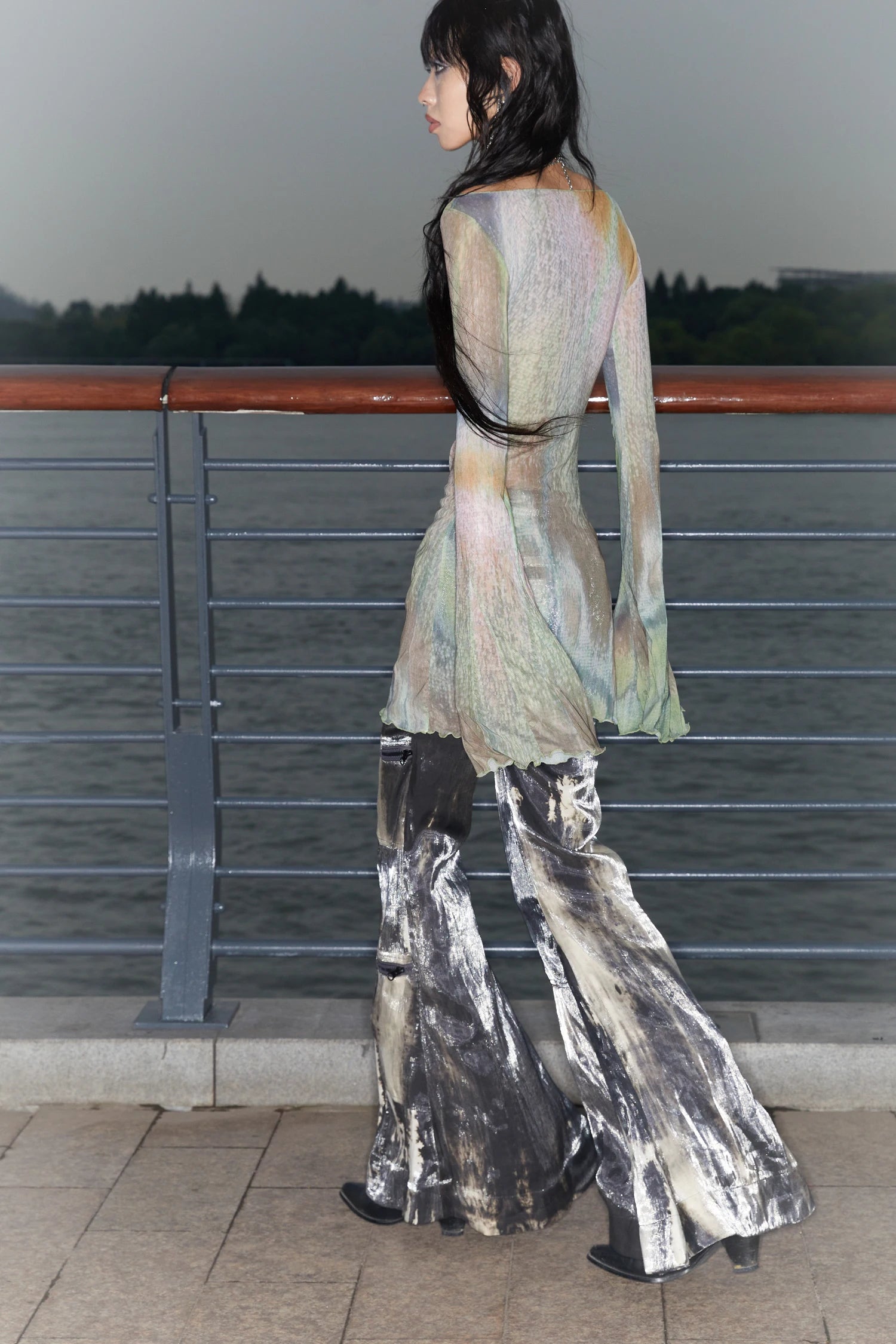 Long Mesh Grunge Top - Tie-Dye Flare Sleeve