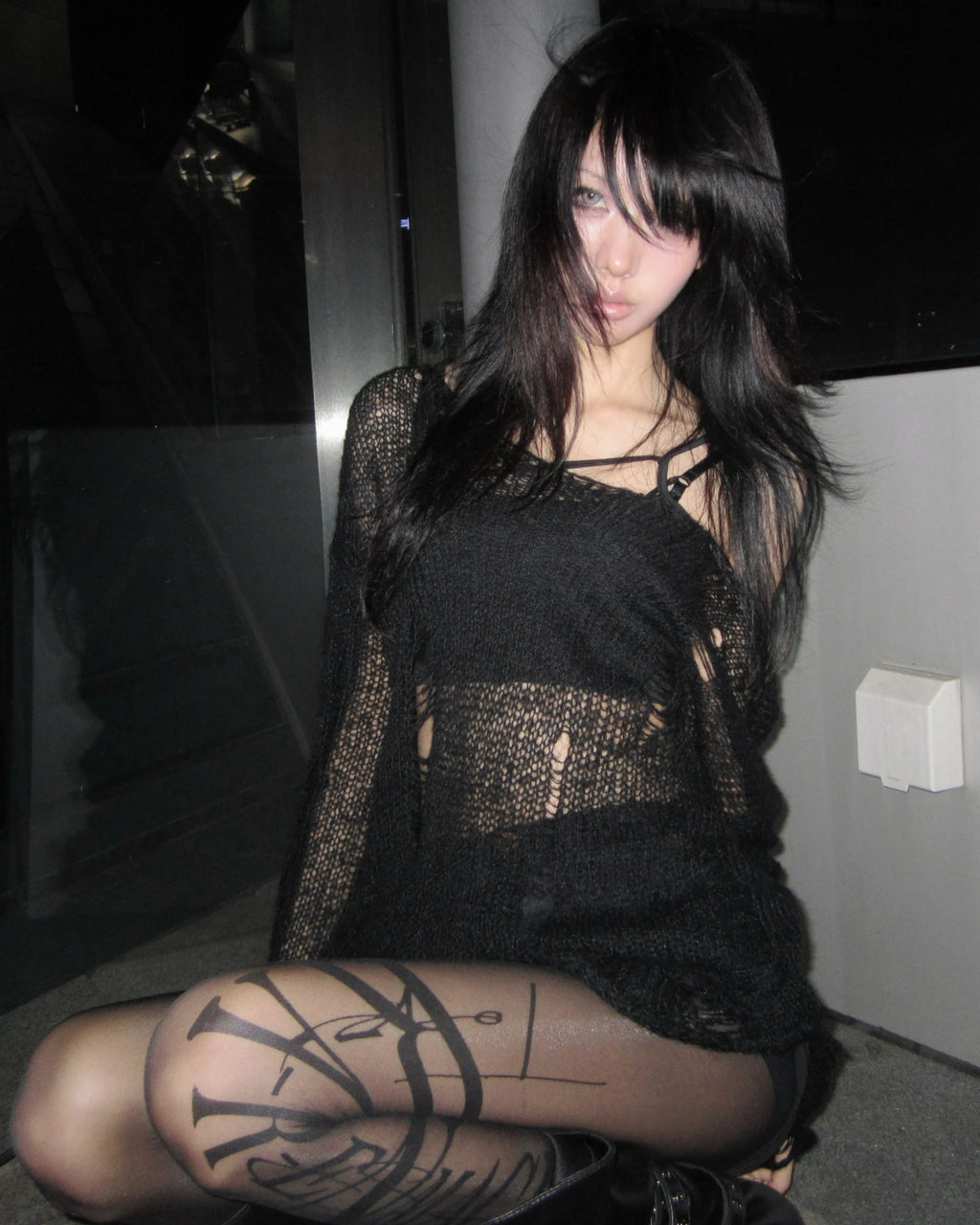 Hollow Knit Grunge Off-Shoulder Sweater