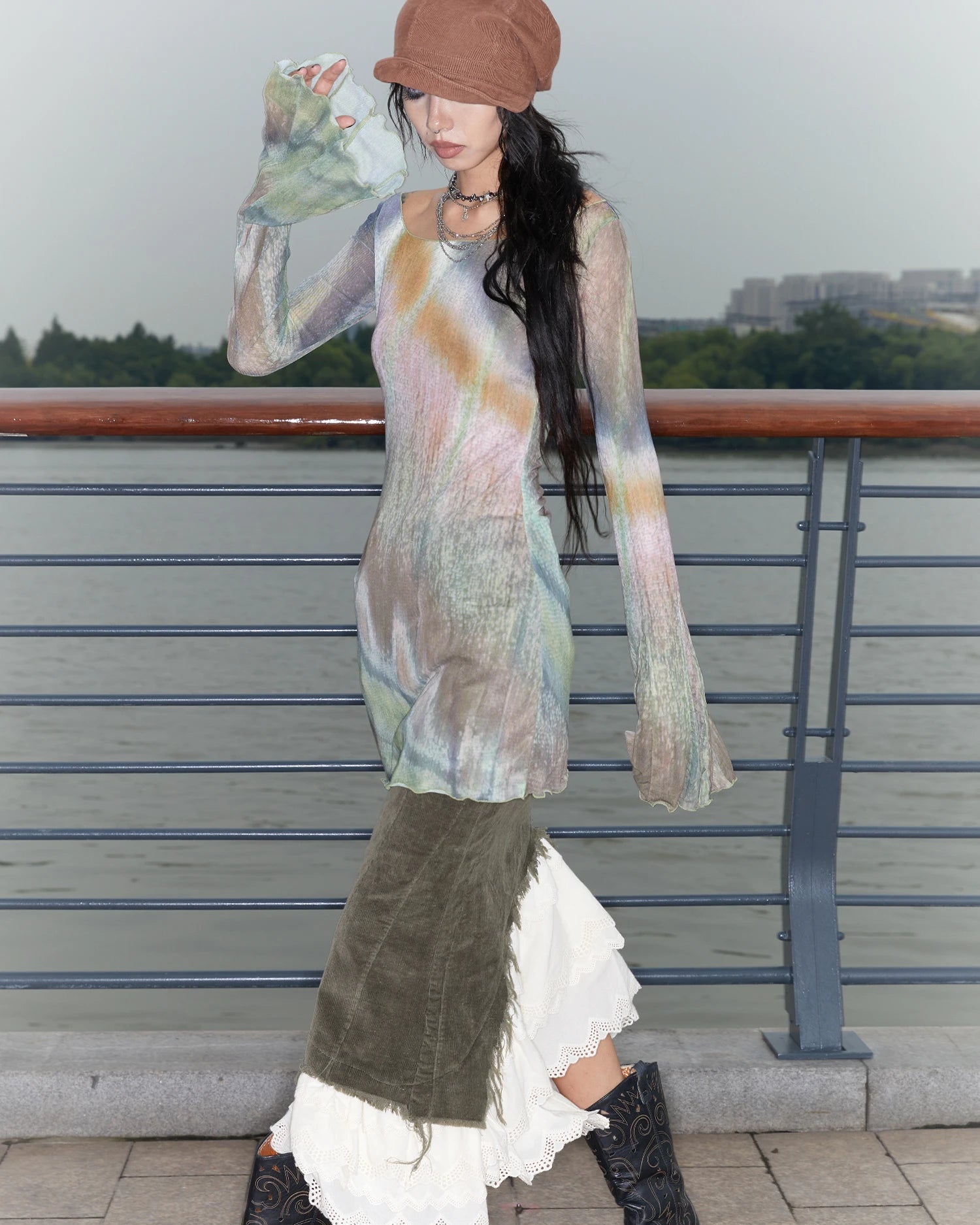 Long Mesh Grunge Top - Tie-Dye Flare Sleeve