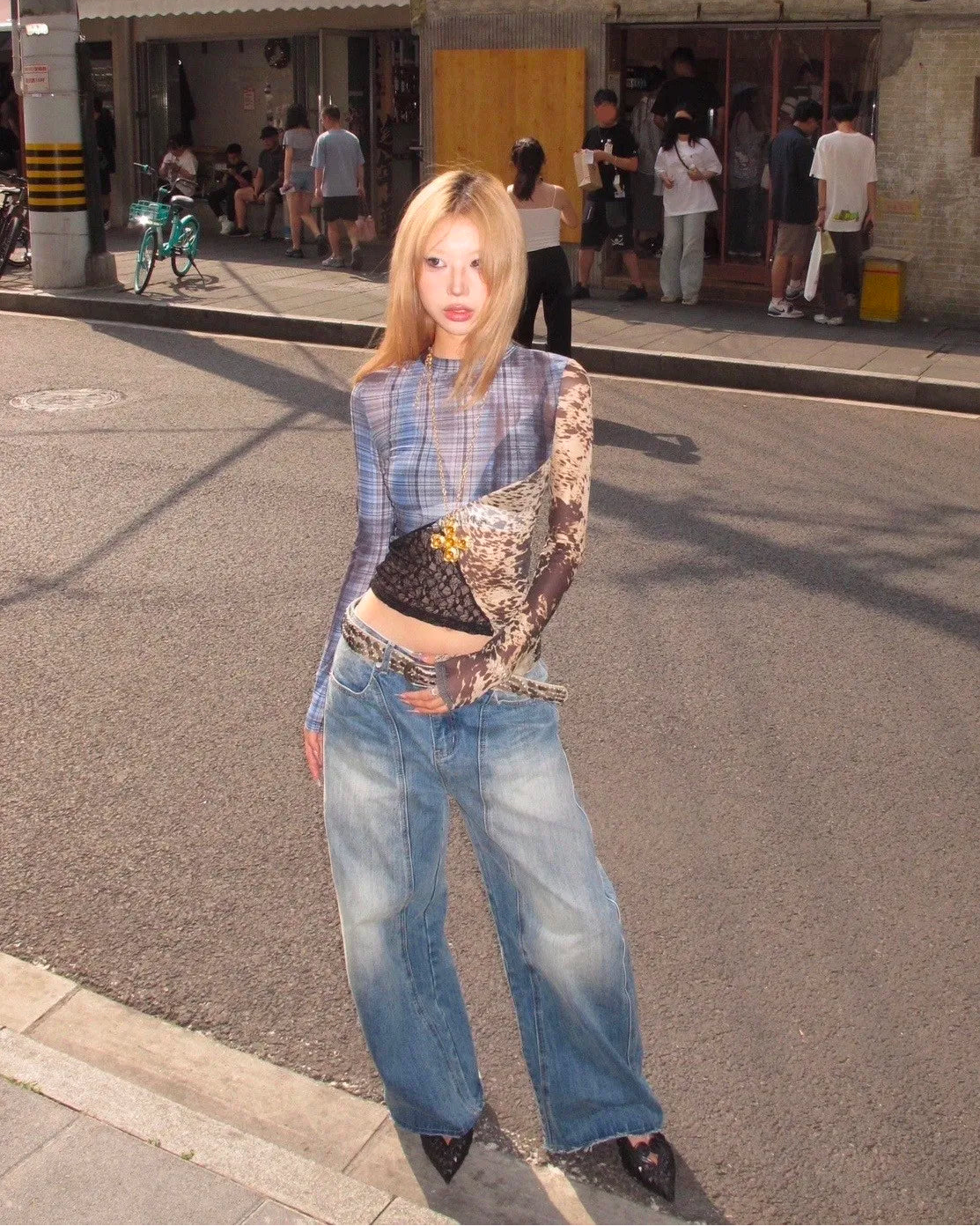 Y2K Patchwork Lace Mesh Long Sleeve Top