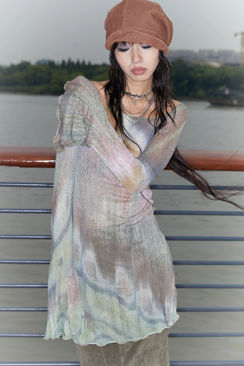 Long Mesh Grunge Top - Tie-Dye Flare Sleeve