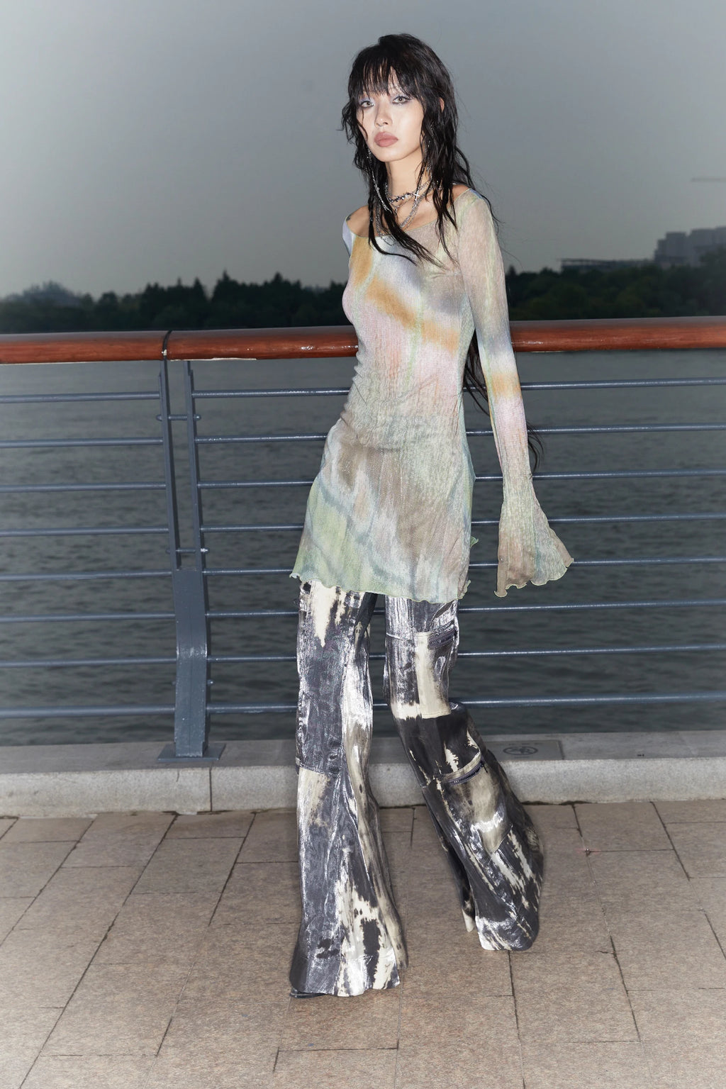 Long Mesh Grunge Top - Tie-Dye Flare Sleeve